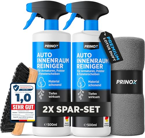 PRINOX Profi Auto Innenraum Reiniger Set 2 x 580ml - Cockpitpflege Auto für die Innen Reinigung von Kunststoff, Polster, Leder & Armaturen - Autopflege Innenraumreiniger mit Bürste - Cockpit Reiniger