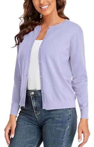 CUNYI Cardigan Donna Maglia con Bottoni Girocollo Classico Manica Lunga Giacca Cappotto Elegante, Viola S