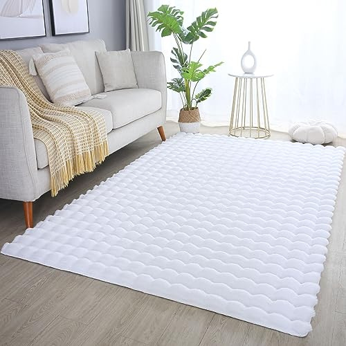Carpetsale24 Tapis 120 x 170 cm blanc, moelleux comme de la fourrure, structure profonde et design à bulles, super doux, en peluche, idéal pour le salon et la chambre