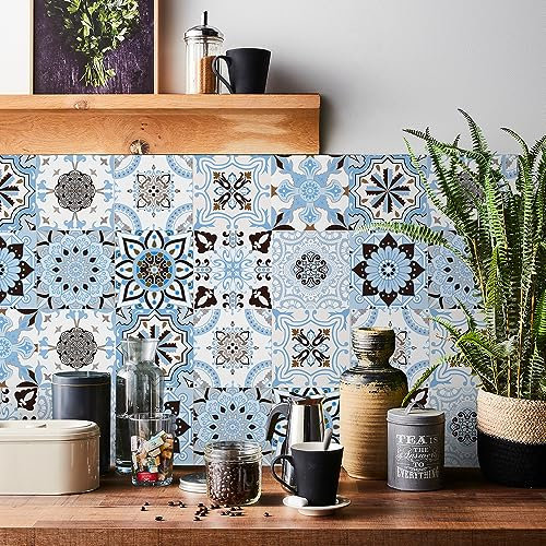 20pcs Moroccan Tile Stickers, Light Blue Kitchen Bathroom Wall Tile Stickers Peel and Stick on Tile Transfers Covers Decals Self Adhesive Vinyl Waterproof Vintage Mosaic Art (15cm x 15cm, 6x6 inches)