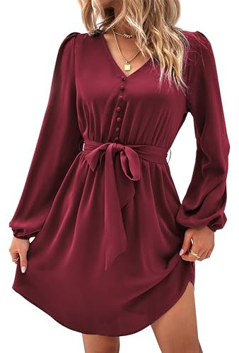 Yageshark Kleider für Damen Minikleid Langarm V-Ausschnitt Einfarbige Hemdkleid Elegant Casual Frauen Kleid (Wein,XL)