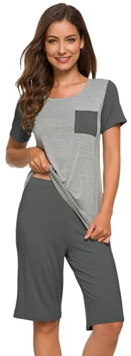 WiWi Pyjama en bambou pour femmes, ensemble de pyjama doux, haut à manches courtes avec pantalon capri, vêtements d'intérieur grande taille, tailles S à 4X, B-Gris fer, M