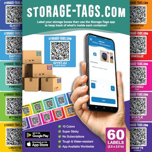 Lot de 60 étiquettes de stockage à code QR, autocollants scannables à code couleur pour bacs de rangement, déménagement, conteneurs et organisation, suivi des stocks, application Android et iOS