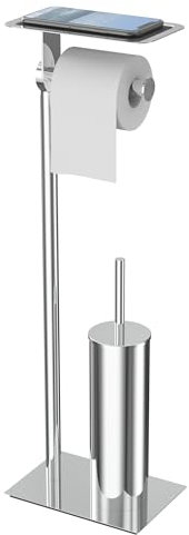 WZRUA Toilet Roll Holder with Toilet Brush, Chrome Toilet Roll Holder Free Standing with Shelf for Wet Wipes, SUS304 Stainless Steel Toilet Roll and Brush Holder for WC, Toilet, Bathroom