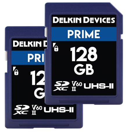 Delkin PRIME 128GB 2PK SD Card for Digital Camera | SDXC UHS-II (U3/V60) – High Endurance SD Card | 8K, 4K, Full HD, RAW Burst | DSLR SD Memory Card 128GB