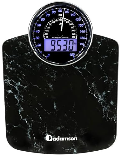 Adamson Hybrid - 2-in-1 Digitale & Analoge Körperwaage bis 180 kg - Dickes Hartglas - Extra Große Anzeige - Einfach Ablesbare Digitale Personenwaage- NEU - Marmor Schwarz