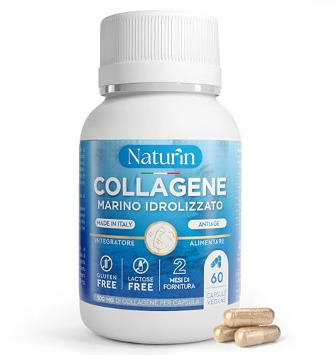 Integratore Collagene Marino Idrolizzato con Acido Ialuronico, Vitamina C, Zinco, Coenzima Q10, Magnesio e Biotina, 60 Capsule Anti-age per Pelle, Capelli e Articolazioni by NATURIN