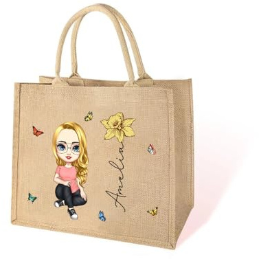 Sac à Main Personnalisé avec Femme de Dessin et Fleur de Naissance Cabas en Jute de Grande Capacité Cadeau Anniversaire Mariage Fête pour Femme, Cadeaux pour enseignants, cadeaux de graduation