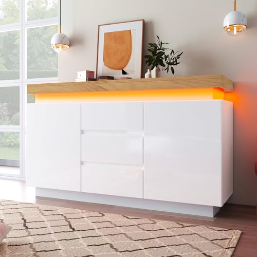 soges Buffet avec éclairage LED - Finition brillante - Buffet LED avec 3 tiroirs et 2 portes - Pour salon et chambre à coucher - 81 x 140 x 39 cm - Blanc