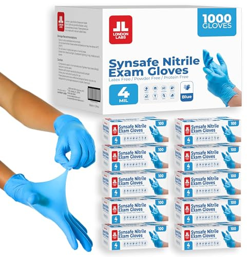 London Labs Synsafe 4 Mil -Blue Nitrile Exam Gloves –Disposable Latex Free & Powder Free – Extra Strong, Rubber Gloves – First Aid Kit, Medical, EMT, Cleaning, Cooking | Bulk Case of (1000 ct)