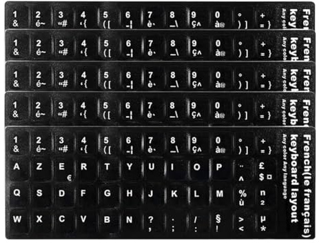 Ensemble de 5 pièces autocollants pour clavier ultra-fines, Autocollants français haute transparence anti-poussière, avec en lettres blanches, adaptées à tout standard ou d'ordinateur portable (noir).