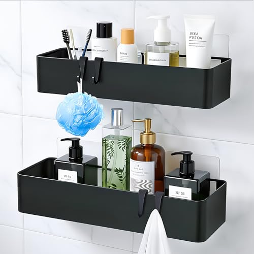 silttble Mensola Doccia Senza Foratura 2 Pezzi, Porta Shampoo Bagnoschiuma Sapone, Mensola Bagno Metallo Nero con 4 Ganci Removibili, Antiruggine Impermeabile per Bagno e Cucina
