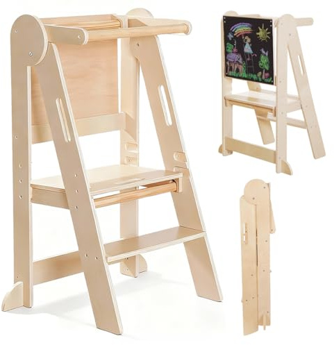 Torre Montessoriana Pieghevole per Bambini, Sgabello Aiutante da Cucina in Legno con Lavagna Integrata, Learning Tower con Barra di Sicurezza, Design Salvaspazio