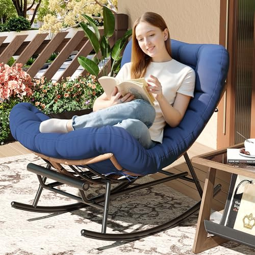 PeakPursuit Outdoor Rocking Chairs, Oversized Patio Papasan Rocker Chair with Padded Cushion and Metal Frame, Comfy Wicker Reading Lounge Chair for Bedroom, Living Room, Porch, Garden, Lawn-Blue