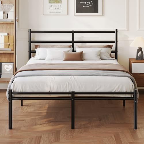 Yicensen Double Bed Frame with Headboard and Footboard | 4ft6 Metal Platform Bed Frame, 36 cm High, Modern Style, Under Bed Storage, Noise Free, Easy Assembly, Black