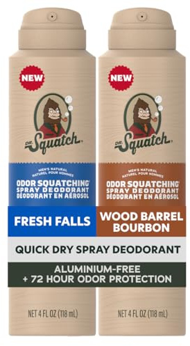 Dr. Squatch Spraydeodorant för män, snabbtorkande, lämnar inga fläckar, aluminiumfritt, dermatologiskt testat för alla hudtyper, Fresh Falls + träfat och bourbon (100 ml, 2 st)