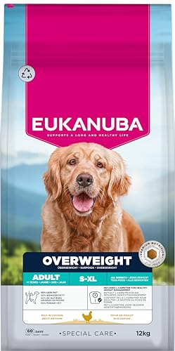Eukanuba Overweight Dog dietmat med kyckling – fettsnål special Care torrfoder för viktminskning för hundar som tenderar att överviktiga, 12 kg
