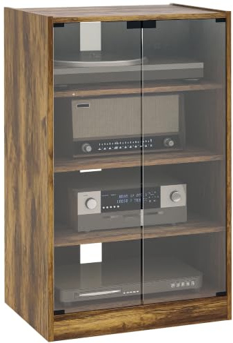 HOMCOM Record Player Stand with Storage 4-Tier Stand Rustic Brown | Hi-Fi Stand, Media Cabinet, Adjustable Shelves, Push-to-Open Glass Doors, Cable Management, Music Room, Living Room