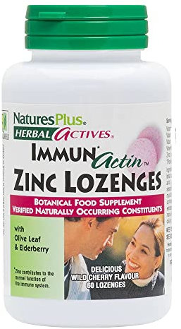 NaturesPlus Herbal Actives Immune Zinc Lozenges, Cherry Flavour - Chewable Zinc and Vitamin C Tablets with Olive Leaf, Elderberry and Vitamin D3 - Vegan, Gluten Free - 60 Chewables