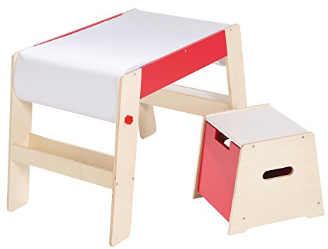 Roba Måleribord & pall set, barnbord & stol kombination trä natur/röd, skrivbord för förskolan inkl. stol med pappersrulle
