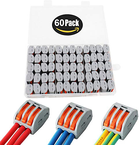 Conector tuerca palanca, conductores surtidos CESFONJER conectores cable eléctrico compactos unilaterales, bloque terminales empuje, conectores empalme, 60 piezas conectores cable para cable 28-12 AWG