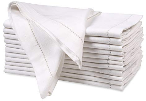 Ramanta Home Decorative Cloth Dinner Napkins Set of 12, 20x20 Inch White Hemstitched Flax Cotton Napkins with Mitered Corners, Oversized Use, Parties, Weddings, Spring, Easter Cloth Napkins