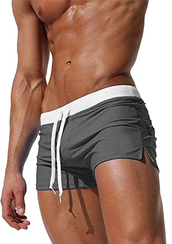TMEOG Badeshorts für Herren Badehose Kurz Badehosen Männer Eng Schwimmhose Boxer Badepants Wassersport Kurze Hose Schnelltrocknende Strandshorts mit Reissverschluss (Grau, M)
