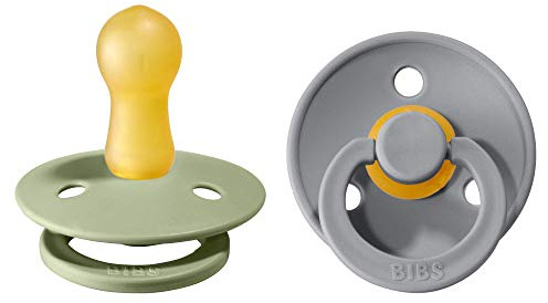 BIBS Colour Soother 2-Pack, BPA Free Dummy Pacifier, Round Nipple. Natural Rubber Latex, Size 2 (6-18 Months), Sage/Cloud