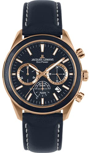 JACQUES LEMANS herrklocka, Eco Power Watches, herrkronograf tillverkad av massivt rostfritt stål med Apple läderrem, modell 1-2115, Silver/grön, Bälte