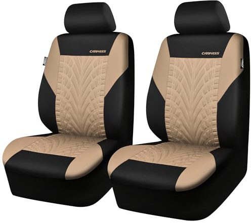 CAR PASS Seat Covers - Two Front, 3D Tyre Print, Airbag Compatible, Universal Fit for Car, Truck, SUV (Black and Beige)