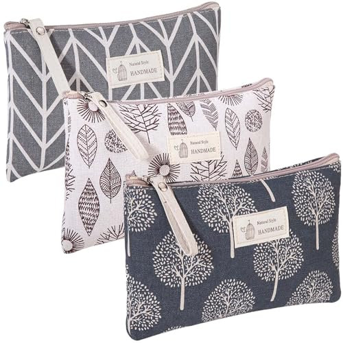 Bikasun 3 Stück Kosmetiktasche aus Leinwand, Klein Kulturbeutel mit Reißverschluss für Damen Kosmetiktasche, Reise Waschtasche Make up Tasche Organizer Multifunktionaler Kulturtasche, Beige Grau Blau