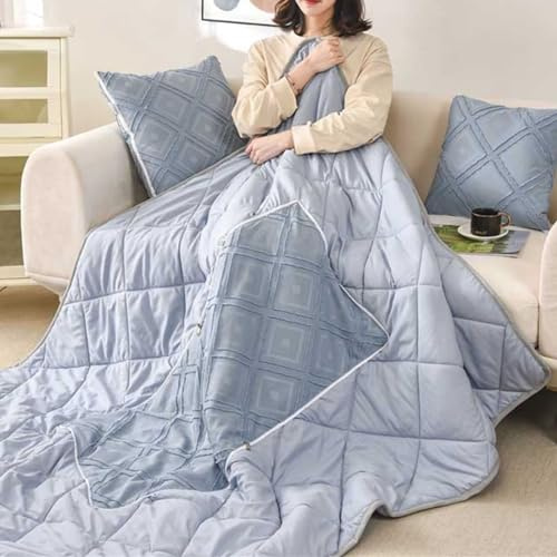 Surwin Jacquard Couverture et Oreiller de Voyage, Oreiller Couverture Matelassé 2 en 1, Convertible en Coussin Couvre Lit Courtepointe Léger pour Avion Voiture Bureau (150x195cm,Bleu)