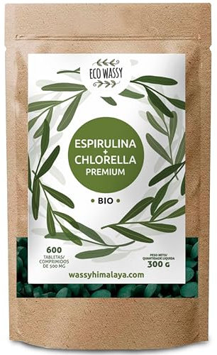 ECO WASSY 600 Chlorella- und Spirulina-Tabletten. Maximale Dosis 6000 mg. Zertifizierter natürlicher Energie-Booster. [Vegan – Sättigend – Entgiftend] Proteinreich.