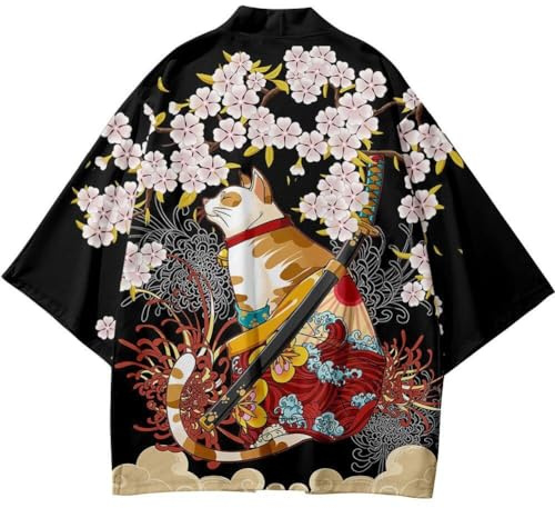 Cárdigan Tipo Kimono Japonés Yukata Samurai, Camisa con Estampado De Gato, Cárdigan Harajuku, Kimono Tradicional Haori