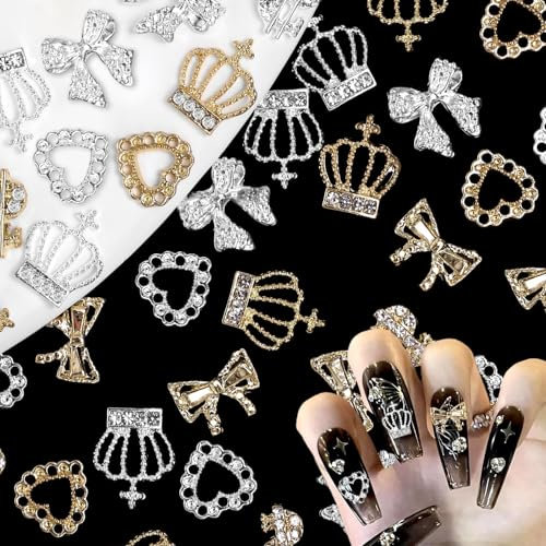 Hebterrka Lot de 30 breloques 3D en alliage métallique pour ongles, dollar, couronne, diamant, nœud doré et argenté, strass en forme de cœur, décorations de luxe pour nail art pour femmes