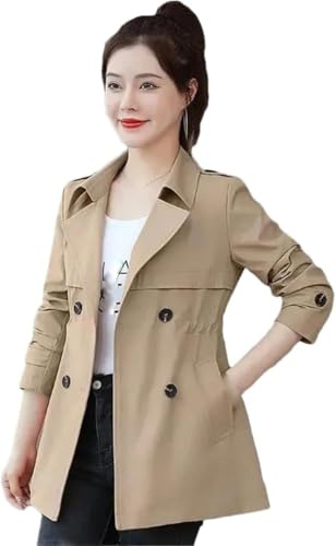 Mujeres Primavera y Otoño Trench Coat Color Sólido Manga Larga Doble Pechera Solapa Chaqueta Slim Conjunto de Mangas Chaqueta de Trabajo con Bolsillos Vestido Largo Abrigo