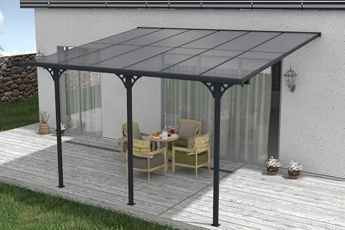Cazeboo Carport Abri Voiture Toit Terrasse KLEO – 12 m² 4x3 m Aluminium Gris Anthracite Polycarbonate Anti-UV – Pergola adossée Robuste Anti-Rouille – Protection Pluie Neige Soleil – 400 x 300 cm