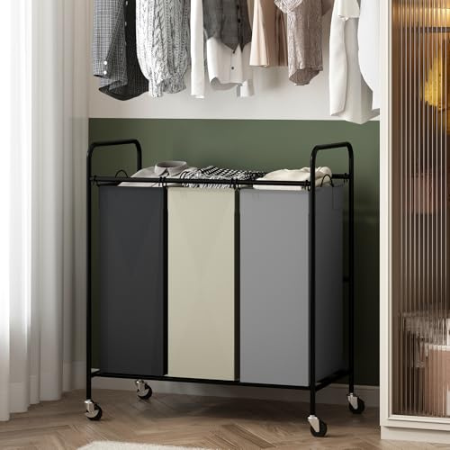 3 Section Laundry Hamper, 120L Large Rolling Laundry Sorter Cart, Laundry Basket with Lockable Wheels & Removable Bags, Laundry Room Organization for Dirty Clothes Storage