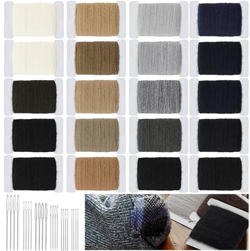 Jexine 20 hilos de zurcido 50% lana, 50% acrílico, 1200 m de hilo de zurcir con 24 agujas de coser grandes para ropa, calcetines, juguetes de peluche, adultos, cuidado de costura en el hogar (60