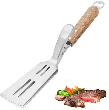 NEXROLA Pince de Grill Multifonction en Acier Inoxydable 430 avec Manche en Acacia Anti-Chaleur,Outil de BBQ Anti-Brûlure & Durable,Pour Saisir, Retourner, Couper et Scier,Ouvre-Bouteille