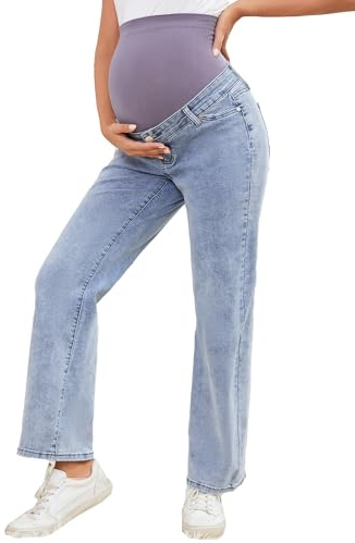 JIMYICLR Jeans premaman da donna, gamba dritta sopra la pancia, elasticizzati, pantaloni in denim per gravidanza, comodi, pantaloni premaman con tasche, Azzurro chiaro, M