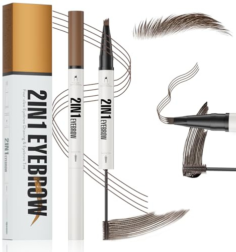 4 Prong Brown Eyebrow Pencil - Microblading Eyebrow Pen - Waterproof Eye Brow Pencil with Brown brow Gel - Micro eyebrow Filler Pen for Drawing Natural Effect Brows Long Lasting