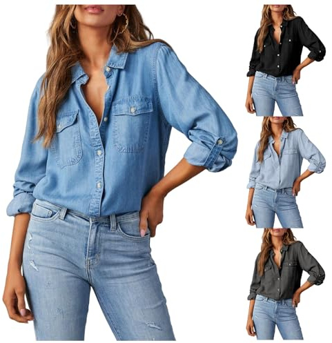 Denim Shirt Women Long Sleeve Jean Jacket Button Up Chambray Western Tops
