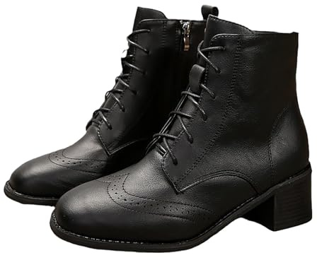 Stivaletti da donna con tacco, alla caviglia, con chiusura lampo laterale, alla moda, con tacco a blocco, in pelle, tinta unita, stile retrò, Nero , 43 EU