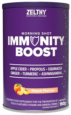 Zelthy Nutrition Immunity Boost – Complément Immunité avec Vitamine C, D3, Zinc et Propolis – Poudre soluble 150 g (Pêche)