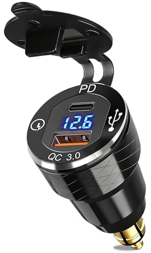 Toma USB C DIN para moto cargador, 30 W PD3.0 y 18 W QC3.0 Dual USB Din Hella Socket Plug Impermeable Aluminio Adaptador para encendedor de cigarrillos con LED Voltmeter, para 12 V/24 V Ducati Triumph