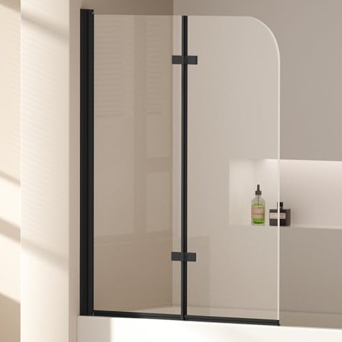 EMKE Mampara de ducha para bañera de 110 x 140 cm, 2 piezas, plegable, con cristal templado de seguridad de 6 mm, accesorio para bañera plegable, mampara de ducha plegable