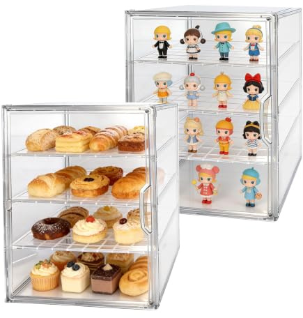 Clear Acrylic Display Case 4 Tier with Magnetic Door, Display Cases for Collectibles Bread Cake Model Cars Figurine Glasses Book Card Shot Glass Watch, Small Cake Display Cabinet Large Display Case