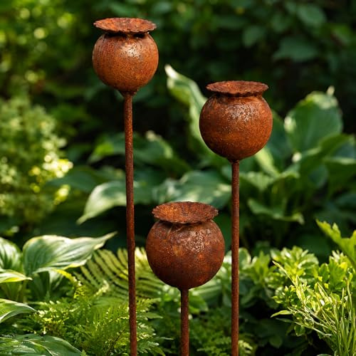 yeeplo Set med 2 Rostade Trädgårdsdekorationer - Trädgårdsdekoration i Cortenstål - Metallblomsticka i Poppi - Trädgårdsdekoration - Klätterväxtstjälk i Naturlig Rost