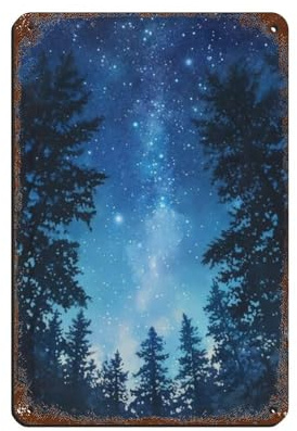 Poster in metallo con immagine di una notte stellata, foresta della Via Lattea, Universo, Cielo notturno, Astronomico, Paesaggio astronomico, retrò, arte chic, pittura in ferro, bar, grotta